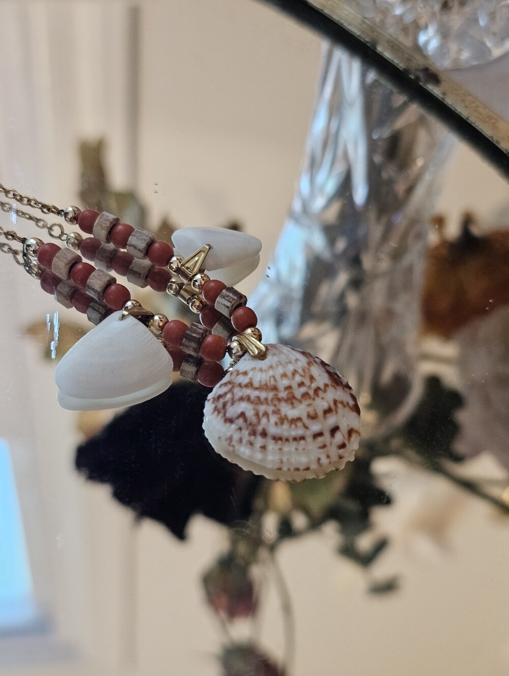 Boho Beach Gold and White Shell Pendant Necklace with Coral Beads